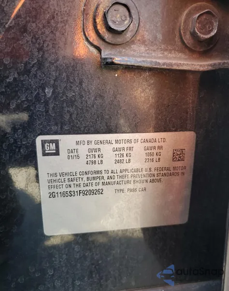 2015 Chevrolet Impala Ltz из США, поврежденный, VIN 2G1165S31F9209262